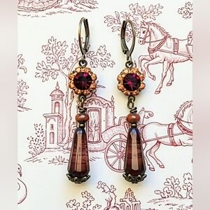 Victorian Deep Red Crystal Flower In Brass Necklace